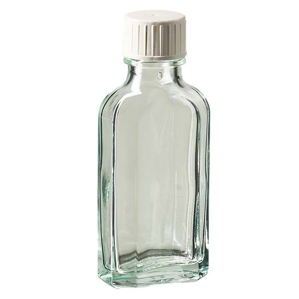 Botella meplat blanca de 50 ml con boca DIN 22, con tapón de rosca DIN 22 blanco con anillo de vertido