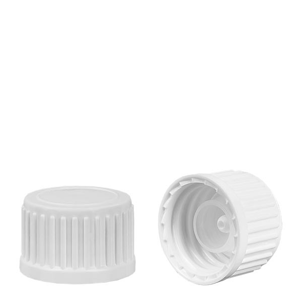 Tapón de rosca con anillo de vertido de glóbulos, blanco, 18 mm, estándar