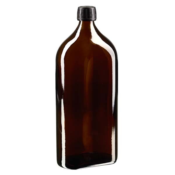 Botella meplat ámbar de 1.000 ml con boca DIN 28, con tapón de rosca con precinto de originalidad DIN 28 negro de