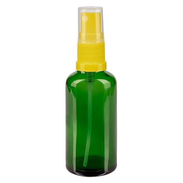 Frasco de vidrio verde de 50 ml con atomizador amarillo