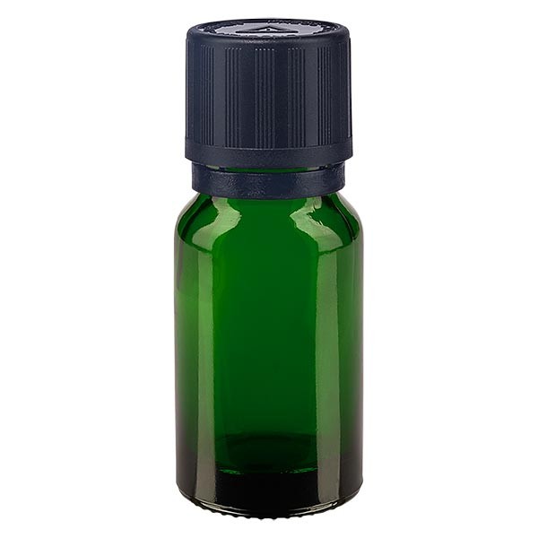 Frasco de farmacia verde, 10 ml, tapón cuentagotas negro premium, 1 mm, con seguro para niños, señalización táctil para ciegos y precinto de originalidad