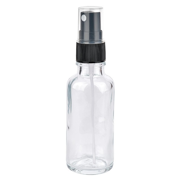 Frasco de vidrio transparente de 30 ml con atomizador negro