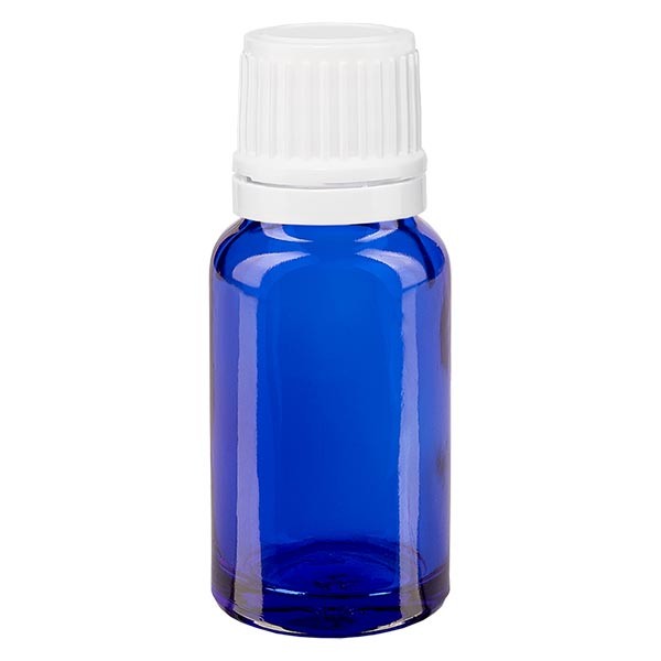 Frasco de farmacia azul, 10 ml, tapón cuentagotas blanco, 1,2 mm, con precinto de originalidad