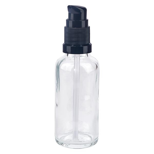 Frasco de vidrio transparente de 30 ml con tapón con dosificador negro