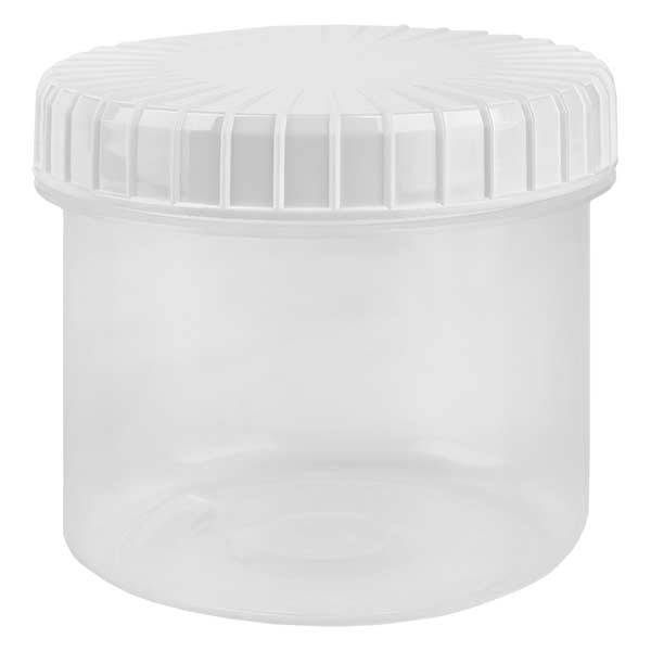 Bote de plástico, 135 ml, transparente, con tapa de rosca blanca estriada de PE, tipo de cierre estándar