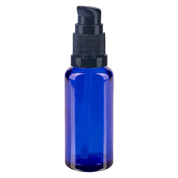 Frasco de vidrio azul de 30 ml con tapón con dosificador negro