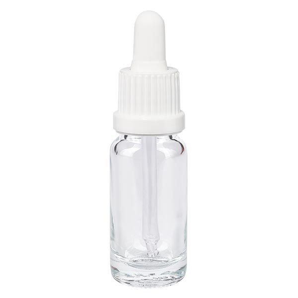 Frasco con pipeta cuentagotas transparente, 10 ml, pipeta blanca con precinto de originalidad