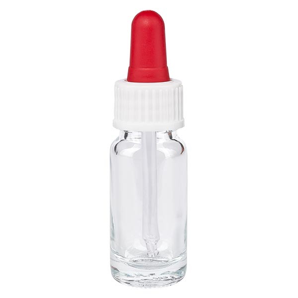 Frasco con pipeta cuentagotas transparente, 10 ml, pipeta blanca/roja, estándar