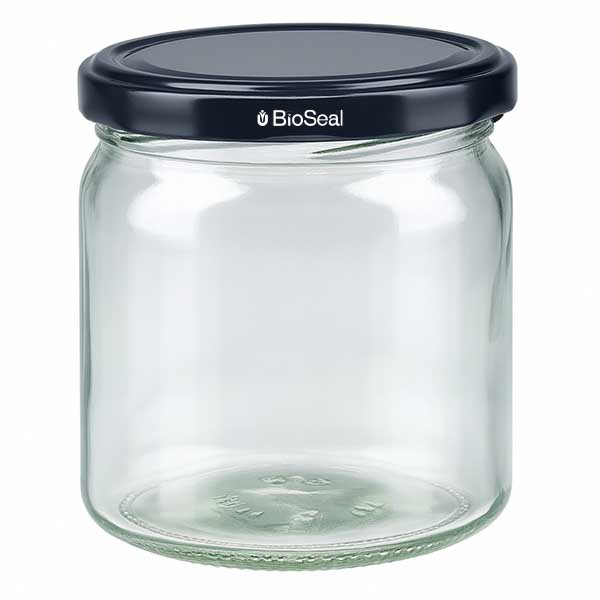 Tarro redondo de 408 ml con tapa BioSeal negra UNiTWIST