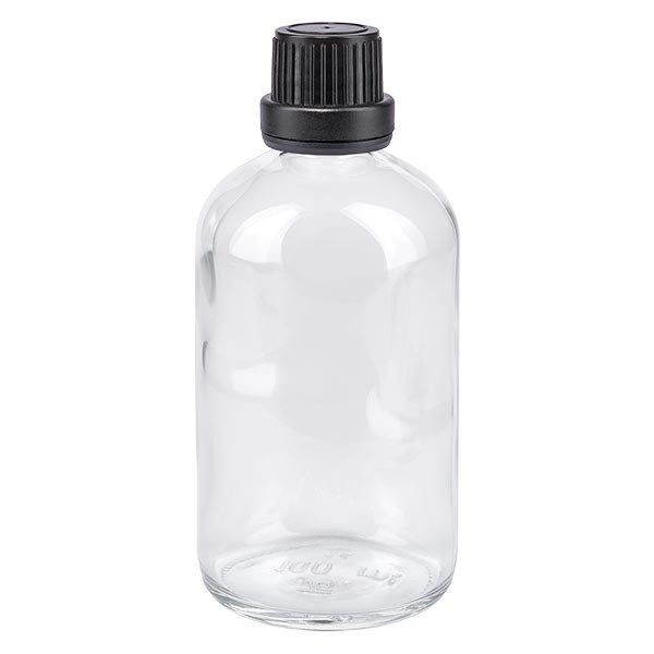 Frasco de farmacia transparente, 100 ml, tapón cuentagotas negro premium, 2 mm, con precinto de originalidad