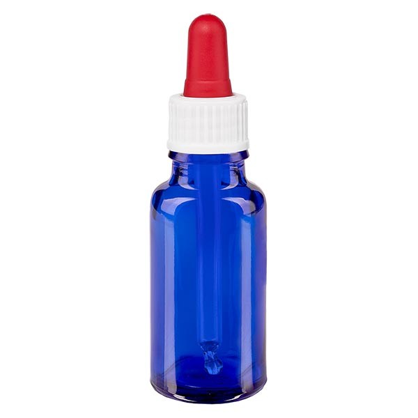 Frasco con pipeta cuentagotas azul, 20 ml, pipeta blanca/roja, estándar