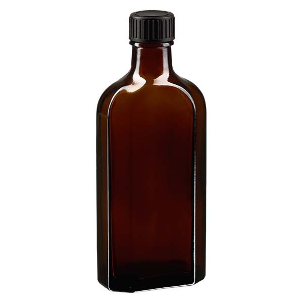 Botella meplat ámbar de 150 ml con boca DIN 22, con tapón de rosca DIN 22 negro de PEE (
