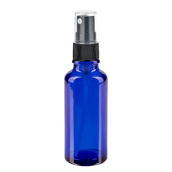 Frasco de vidrio azul de 30 ml con atomizador negro