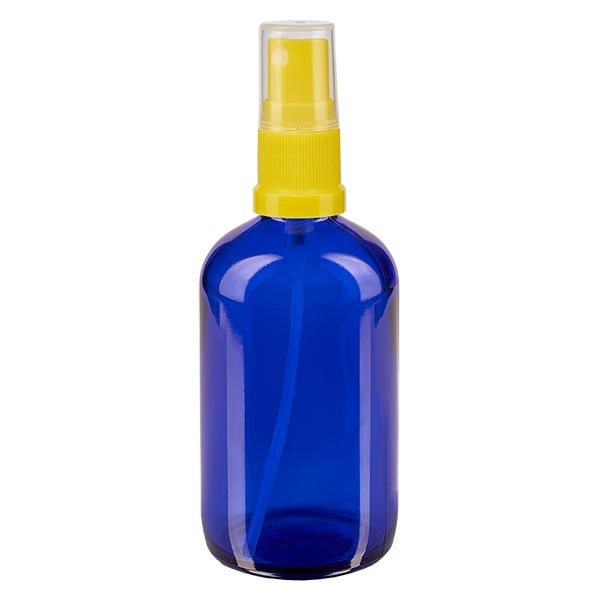 Frasco de vidrio azul de 100 ml con atomizador amarillo