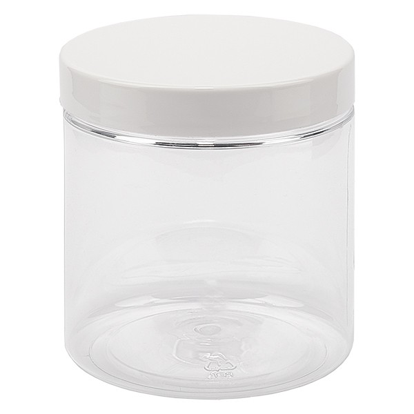 Bote de rosca de PET de 250 ml, transparente, con tapa blanca